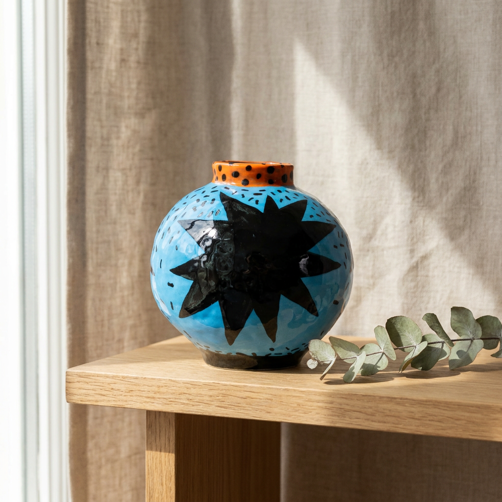 Black Star Burst — Cyan Round Vase with Orange Polka Neck