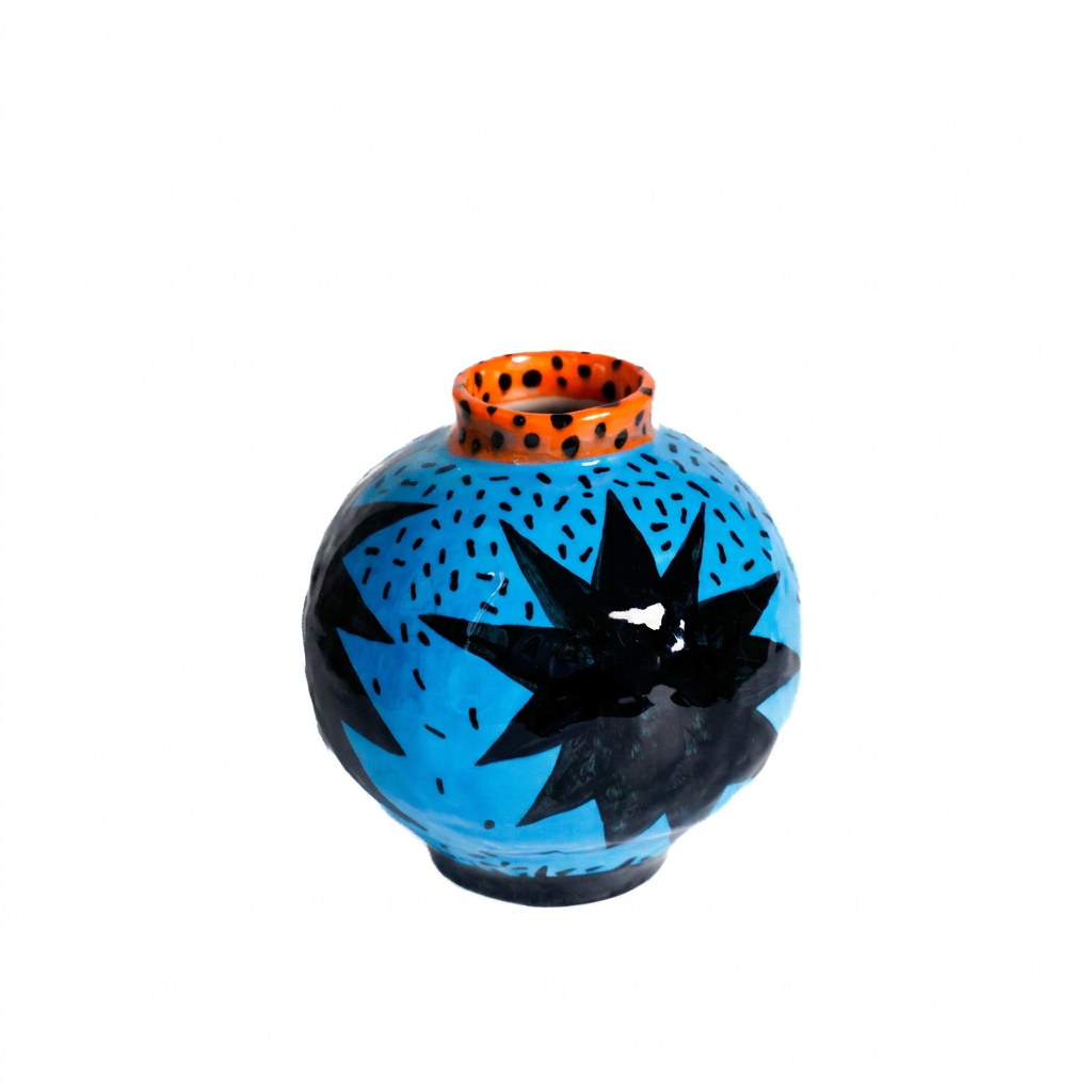 Double Starburst — Cyan Globe Vase with Twin Black Explosions