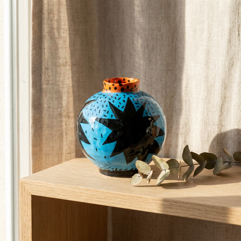 Double Starburst — Cyan Globe Vase with Twin Black Explosions
