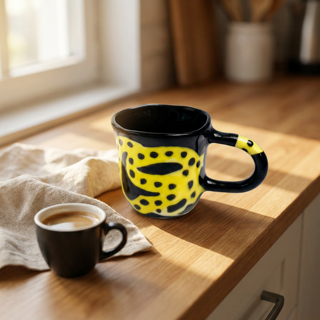 Leopard Belly — Yellow & Black Spotted Mug with Snake Handle