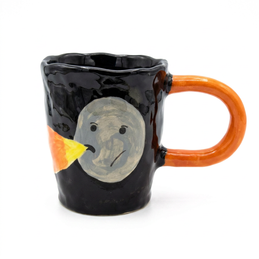 Candle Face Mug — Black Body, Orange Handle, Painted Moon Head