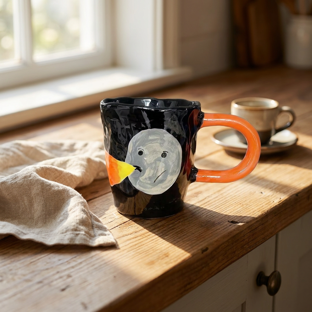 Candle Face Mug — Black Body, Orange Handle, Painted Moon Head