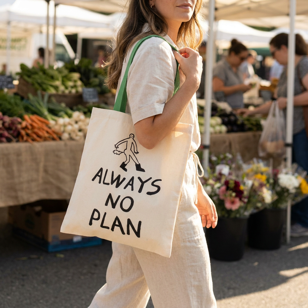 Always No Plan — Hand-Screen-Printed Canvas Tote with Green Straps