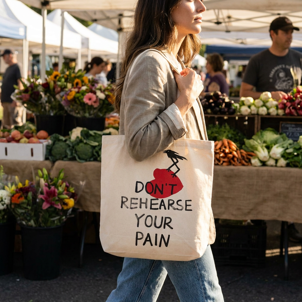 Don't Rehearse Your Pain — Hand-Printed Canvas Tote with Crow Motif