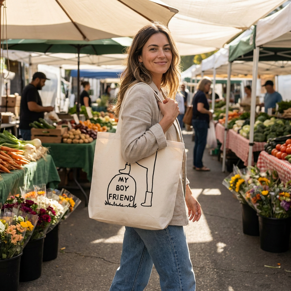 My Boyfriend — Hand-Printed Canvas Tote with Tombstone Graphic