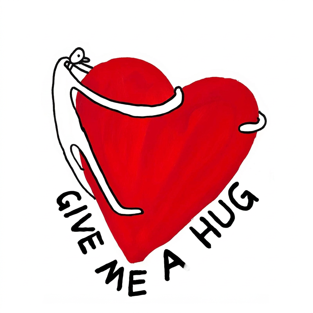 Give Me a Hug — Hand-Printed Canvas Tote with Red Heart Motif