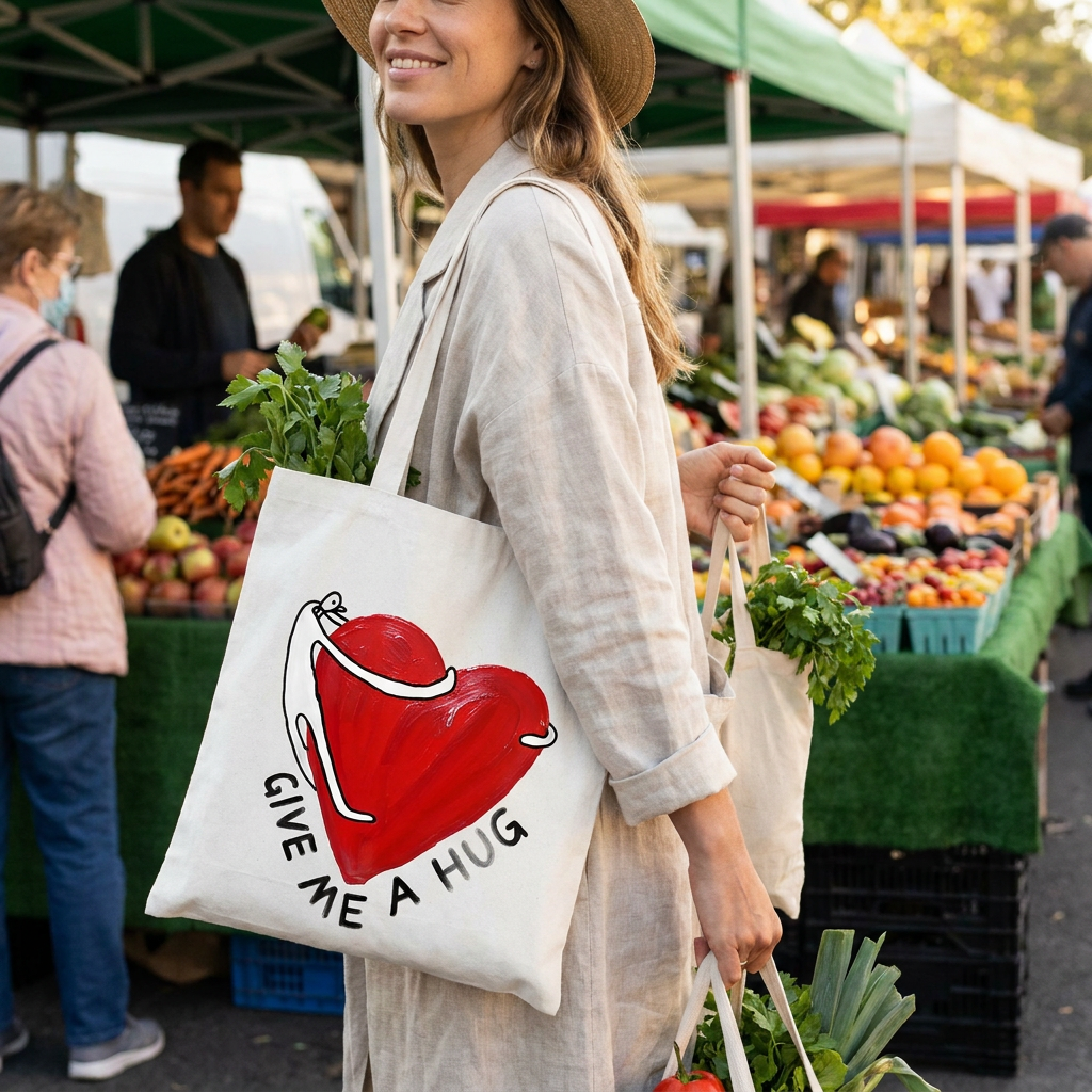 Give Me a Hug — Hand-Printed Canvas Tote with Red Heart Motif