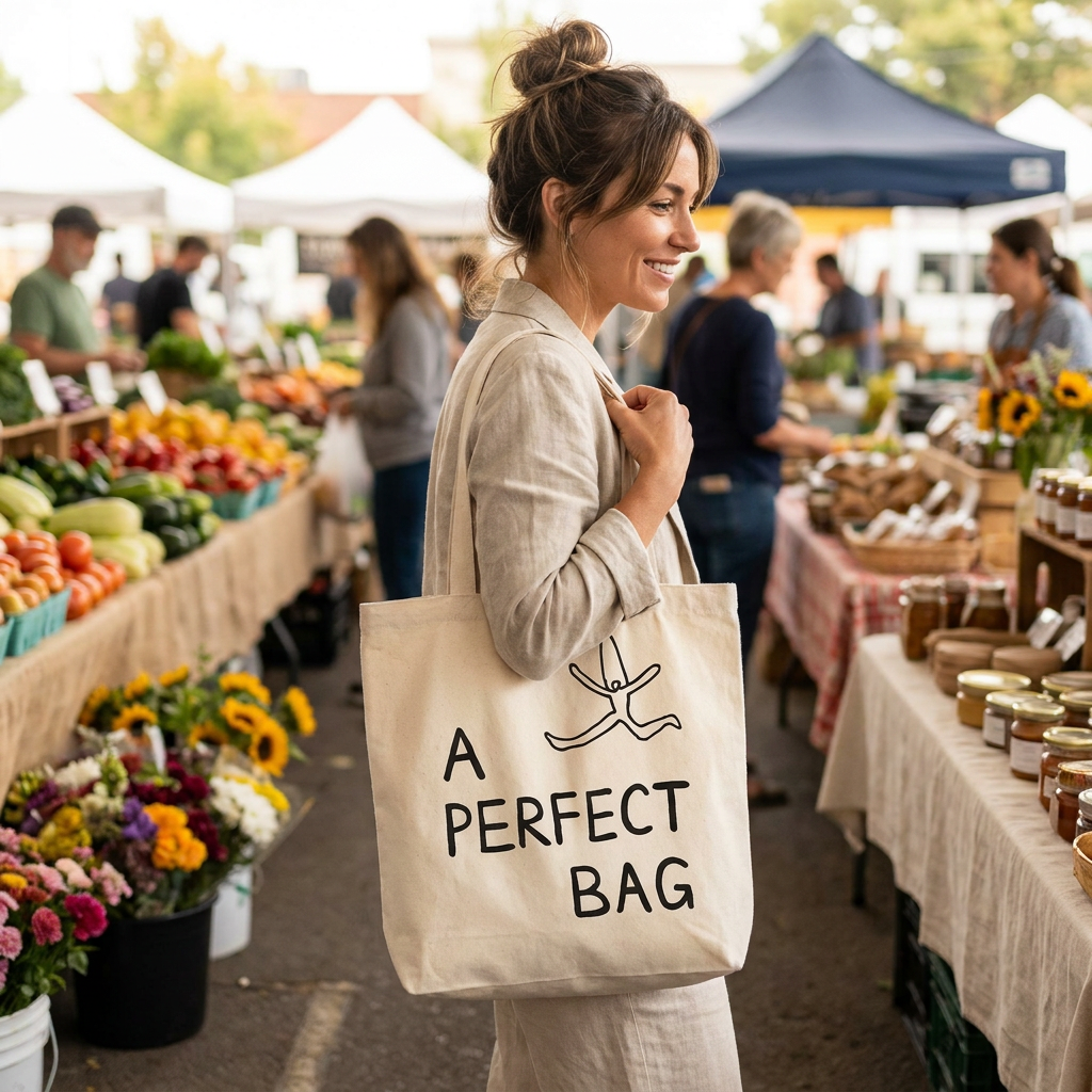 A Perfect Bag — Hand-Printed Canvas Tote with Stick-Figure Self-Reference