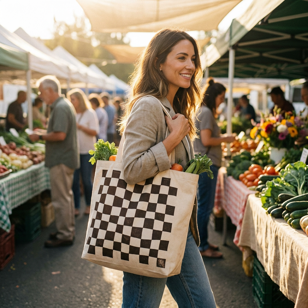 Matrix — Hand-Printed Canvas Tote with Wonky Checkerboard Pattern